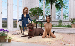 1boy 2girls 3d arm_support canine canine chair clothed_female_nude_female collar completely_nude curly_hair dominatrix fake_animal_ears fake_tail femdom implied_bestiality indoors kneeling looking_at_another looking_to_the_side nipple_piercing nude on_floor open_mouth petplay potted_plant red_hair sitting sitting_on_chair smile submissive_female tongue_out tree window zennix