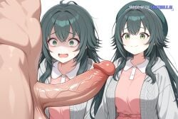 1girl age_difference ahoge ai_assisted ai_generated cable_knit cock_shock collared_dress confused curvy dark_green_hair fear girl green_eyes green_hat grey_cardigan huge_balls huge_penis long_sleeves messy_hair pink_dress scared size_difference smile tsukimura_temari upper_body vaginal_penetration very_long_hair weird white_background