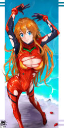 1girls arms_above_head asuka_langley_sohryu big_breasts blue_eyes blush bodysuit breasts brown_hair cleavage eyebrows eyebrows_visible_through_hair eyelashes female female_focus female_only full_body hair_between_eyes iknsk light-skinned_female light_skin long_hair looking_at_viewer neon_genesis_evangelion ripped_bodysuit ripped_clothing smile solo solo_female solo_focus standing wardrobe_malfunction