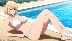 1girl 1girls absurd_res ai_assisted ai_generated anime ass ass_focus bikini blonde_hair boobs breasts bubble_butt butt butt_focus cha_hae-in cleavage clothed curvaceous curvy curvy_figure glistening_skin high_resolution highres hourglass_figure huge_ass huge_breasts huge_butt light-skinned_female looking_at_viewer lying patreon patreon_logo patreon_username poolside purple_eyes short_hair smile solo solo_leveling string_bikini swimming_pool thick_ass thick_thighs thighs voluptuous white_bikini wide_hips