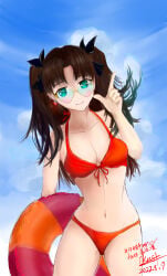 1girls artist_name big_breasts bikini bikini_bottom bikini_top breasts brown_hair cleavage collarbone dated eyebrows eyebrows_visible_through_hair eyelashes facing_viewer fate/stay_night fate_(series) female female_focus female_only floating green_eyes heart-shaped_sunglasses iknsk large_breasts light-skinned_female light_skin long_hair looking_at_viewer midriff navel simple_background sky slim_waist solo solo_female solo_focus sunglasses tinted_eyewear tohsaka_rin twintails watermark