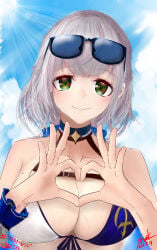 1girls alternate_version_available artist_name big_breasts bikini bikini_top breasts cleavage collarbone dated eyebrows eyebrows_visible_through_hair eyelashes facing_viewer female female_focus female_only front-tie_bikini_top green_eyes heart heart_hands hololive huge_breasts iknsk large_breasts light-skinned_female light_skin looking_at_viewer medium_hair mole mole_on_breast shirogane_noel silver_hair smile solo solo_female solo_focus sunglasses sunglasses_on_head upper_body virtual_youtuber watermark