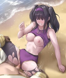 1boy 1girl bare_arms bare_shoulders beach black_hair bloomers bloomers_aside breasts breasts_out censored cheerleader clenched_teeth commentary_request fire_emblem fire_emblem_awakening fire_emblem_heroes hetero kiran_(fire_emblem) large_breasts looking_to_the_side male_kiran_(fire_emblem) missionary mosaic_censoring motion_lines navel nipples nude ocean official_alternate_costume official_alternate_hairstyle outdoors penis purple_eyes pussy rape sex skindentation solo_focus spread_legs stomach summer sweat sweatdrop teeth tharja_(dour_cheer)_(fire_emblem) tharja_(fire_emblem) thor_(deep_rising) torn_clothes trembling twintails