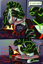 1_eye 4_fingers aether_(strawberryoverlord) alien ambiguous_penetration ben_10 black_body blue_background blush blush_lines cartoon_network circuit_markings comic countershading detailed_background dialogue duo english_text fan_character fingers galvanic_mechamorph genitals glistening glistening_body goo_creature gradient_penis green_markings heart_symbol hi_res holding_chest holding_leg leg_glider_position light lighting lumen_fox lying male male/male malware_(ben_10) markings metallic_body moan not_furry on_back overweight penetration penis pet_name raised_leg red_markings sex shaded silver_countershading simple_background size_difference sound_effects speech_bubble star_(marking) tail text white_body white_countershading