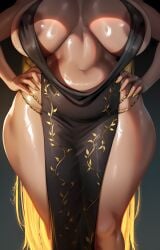1girl 2026 2d absurd_res absurd_resolution absurdres ai_generated areola_slip black_background black_dress blonde_hair breasts breasts_apart covered_nipples curvy dress elden_ring fromsoftware gold_chain hands_on_own_hips head_out_of_frame hi_res high_quality high_resolution highres huge_breasts hydraulicmatingpress image large_breasts long_hair milf multicolored_hair nail_polish navel no_bra patreon pelvic_curtain plunging_neckline queen_marika_the_eternal revealing_clothes shiny_skin signature solo standing thick_thighs thighs uncensured veiny_breasts very_long_hair video_game video_game_character video_game_franchise video_games wide_hips yellow_nails
