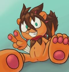 absurd_res anthro anus chibi dragon felid foulex foulex_(character) gesture green_eyes hand_gesture hi_res horn hybrid lion looking_at_viewer male mammal mythological_creature mythological_scalie mythology navel orange_body pantherine paws pupils scalie scarf simple_background slit_pupils smile solo v_sign