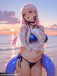1girl ai_generated arlequin097 beach bikini blue_bikini blue_nails blush breasts choker cleavage cloud earrings evelynn gradient_sky halterneck holding holding_swim_ring innertube jewelry k/da_all_out_evelynn k/da_all_out_series k/da_series large_breasts lips long_hair looking_to_the_side nail_polish navel no_pants ocean open_mouth outdoors pink_eyes pink_hair see-through see-through_shirt shirt shore short_sleeves side-tie_bikini_bottom sky solo standing stomach string_bikini sun sunset swim_ring swimsuit t-shirt teeth thighs tied_shirt tongue upper_teeth_only water wet wet_clothes wet_shirt white_hair white_shirt