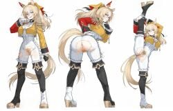 ai_generated asymmetrical_footwear asymmetrical_gloves asymmetrical_sleeves black_footwear black_gloves blonde_hair blue_hair bodysuit crop_top_jacket durandal_(umamusume) epaulettes from_behind hand_on_own_leg horse_ears horse_tail huge_breasts looking_at_viewer multiple_views ponytail pubic_hair red_sleeves single_ear_cover standing_split thighigh_boots torn_bodysuit umamusume umamusume_pretty_derby white_bodysuit white_footwear white_gloves yellow_jacket