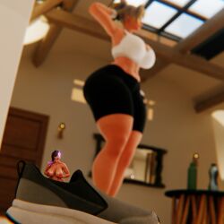 blonde_female blonde_hair clothed_female extreme_size_difference huge_ass huge_breasts in_shoe mercy micro micro_female naked_female oblivious overwatch shrinking shrunken_female size_difference sombra unaware
