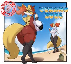 2026 anthro artist_name beach beach_umbrella big_breasts big_butt bikini black_bikini black_body black_clothing black_fur black_swimwear border braixen breasts brown_body brown_fur butt clothing cloud cross-popping_vein crown curvy_figure delphox dessert eating eating_food eating_ice_cream eyewear female food fur generation_6_pokemon group hambusan hand_on_hip headgear hi_res huge_breasts ice_cream ice_cream_cone inner_ear_fluff licking licking_lips looking_at_viewer multicolored_body multicolored_fur nintendo one-piece_swimsuit outside parasol pokemon pokemon_(species) postcard sand seaside sky smile sunglasses swimwear text thick_thighs tongue tongue_out trio tuft two-piece_swimsuit voluptuous water wearing_sunglasses white_border wide_hips yellow_body yellow_fur