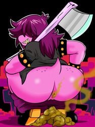 absurd_res anthro anus ass crouching deltarune feces female freckles freckles_on_butt genitals hi_res humanoid looking_back monster_girl moon_pearl pussy scat solo succubi_samus susie_(deltarune) video_games weapon