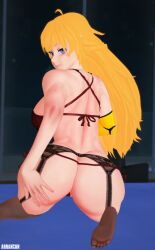 1girls arrancon ass ass_focus blonde_female blonde_hair half-dressed half_naked half_naked_female long_hair long_hair_female looking_back pose posing purple_eyes rwby solo_female yang_xiao_long