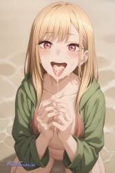 1girl ai_assisted ai_generated awaiting_cum beach blonde_hair collarbone cum_in_hair cum_on_face cum_on_hands fellatio_gesture full_body green_jacket kitagawa_marin kneeling koi_suru_kanojo_no_bukiyou_na_butai marin_kitagawa naked open_mouth oral_invitation smile sono_bisque_doll_wa_koi_wo_suru source_anime tongue_out upper_body view_from_above