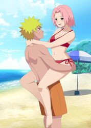 1boy 1boy1girl 1girls arms_around_neck ass ass_grab beach bikini blue_eyes blush breasts carrying green_eyes iharuluna_(artist) looking_at_another looking_at_partner male/female naruto naruto_(series) naruto_shippuden outdoors pink_hair sakura_haruno smile stand_and_carry_position standing swimming_trunks swimsuit uzumaki_naruto yellow_hair