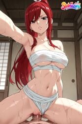 1boy 1girl ai_assisted ai_generated armpits breasts brown_eyes chest_sarashi clothing_aside collarbone cowgirl_position erza erza_scarlet fairy_tail girl_on_top hetero indoors large_breasts long_hair looking_at_viewer navel parted_lips patreon penis ponytail pov pussy red_hair sarashi sex sliding_doors solo_focus stelmazura straddling sweat thighs uncensored vaginal wet