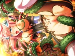 1girl armor bdsm blue_eyes blush bodysuit bondage bound breasts broken_armor censored divine_heart_makina divine_heart_makina_(character) game_asset gloves hair_ornament kagemusya kurusu_makina_(divine_heart_makina) large_breasts long_hair magical_girl mosaic_censoring nipple_stimulation nipple_tweak nipples non-web_source official_art open_mouth pink_hair plant pussy rape restrained self-datamine solo spread_legs tattoo tears tentacle_sex tentacles torn_clothes vaginal variant_set vines visual_novel_cg