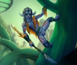 1boy animal_feet balls big_ears blizzard_entertainment blue_hair blue_skin bodypaint climbing_tree dark_sclera ear_piercing femboy femboy_focus femboy_only flaccid flaccid_penis green_eyes haranir long_hair male male_only nipples notnarts nude nude_male penis solo solo_femboy solo_focus solo_male spear testicles tribal tusks warcraft weapon world_of_warcraft