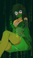 1girls black_eyes clothed clothing glasses green_background green_body green_hair hacking long_hair no_panties original pussy pussy_focus shrupik stockings