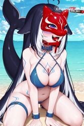 1girl adult ahoge ai_assisted ai_generated animal_ears arm_tattoo beach beautiful belt_collar bikini black_hair blond blue_bikini blue_collar blue_eyes blush body_markings cetacean_tail chest_tattoo cleavage closed_eyes cloud collar facial_tattoo fangs gold_chain hair_down halterneck hands_between_legs heart_ahoge illustration knees_apart latex_mask leash_in_mouth leg_tattoo livestream long_hair looking_at_viewer looking_over_shoulder multicolored_hair naked navel no_background nude ocean on_knees open_mouth orca_girl outdoors red_collar seductive_face sexually_suggestive sexy_pose short_girl showing_ass shylily sky slender_body small_boobs smile solo streaked_hair swimsuit tattoo thigh_cuffs thigh_strap very_long_hair view_from_behind virtual_youtuber white_background white_hair
