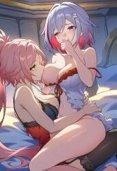 2026 2girls ai_generated alternate_costume babydoll bed bedroom belly_button big_ass big_breasts big_butt big_thighs blushing exposed_ass exposed_breasts exposed_midriff exposed_shoulders exposed_torso female female_focus female_only green_eyes hand_in_mouth hentai honkai:_star_rail hoyoverse lesbian light-skinned_female light_skin long_hair looking_at_partner lunealter mature_female midriff mihoyo more_at_source multicolored_eyes multicolored_hair nsfw on_bed one_eye_closed pale-skinned_female pale_skin partially_clothed patreon pink_hair rappa_(honkai:_star_rail) short_hair sucking_nipples thick_ass thick_butt thick_hips thick_legs thick_thighs topaz_(honkai:_star_rail) white_hair yuri