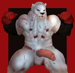 1male abs anthro artjackal ballsack barbed_penis battle_beast beefy big_penis body_fur braided_hair clothing cornrows dreadlocks erection fangs felid fur genitals gloves half-erect handwear hi_res humanoid hybrid_genitalia hybrid_penis invincible leonine lion long_hair_male male male_nipples male_only mammal mane masculine mature_male muscular muscular_male nipples nude_male pantherine penis pink_penis red_eyes scrotum semi-erect smooth_fur solo thokk thokk_(invincible) veiny_penis white_body white_fur wounded