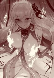 1boy :q amazon_position ankle_grab assertive_female bangs bare_shoulders blush body_markings breasts cowgirl_position earrings fate/grand_order fate_(series) female fire flower greyscale hair_flower hair_ornament highres holding_legs jewelry kama_(fate) kama_(swimsuit_avenger)_(fate) kama_(swimsuit_avenger)_(third_ascension)_(fate) large_breasts licking_lips long_hair lotus m-da_s-tarou monochrome navel revealing_clothes sex smile spread_legs star_(symbol) star_earrings straddling straight sweat thighs tongue tongue_out vaginal_penetration