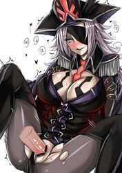 black_legwear blindfold blush boots breasts cleavage clothing_aside dahut_(fate) disembodied_penis eyebrows_visible_through_hair eyepatch fate/grand_order fate_(series) female francis_drake_(fate) grey_hair hat highres large_breasts light_purple_hair long_hair pale_skin penis pirate_hat sanmotogoroo sex simple_background sitting smile solo spread_legs thigh_boots thighhighs torn_clothes torn_legwear trembling vaginal_penetration white_background yellow_eyes