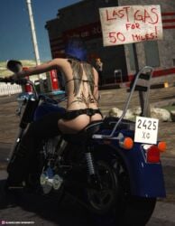 1girls 3d abs arm_tattoo ass assless_chaps back_tattoo biker_girl black_hair blue_hair bra dani_(spiderpity) driving english_text female goth motorcycle outdoor outdoor_nudity outdoors outside panties pixie_cut public public_nudity public_restroom restroom riding_motorcycle short_hair slushe_(website) small_breasts spiderpity tattoo tattoos