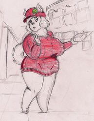 bbw big_breasts canine canine chubby cute female female_only fluffy_tail hat ladiesman217 solo standing sweater sweaterpuppy traditional_media traditional_media_(artwork) white_fur