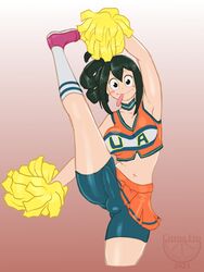 1futa balls big_breasts big_penis breasts bulge cheerleader citrusfro clothed clothing erection erection_under_clothes fully_clothed futa_only futanari human leg_up light-skinned_futanari light_skin my_hero_academia pale_skin penis pom_poms solo splits standing standing_on_one_leg tsuyu_asui vertical_splits