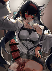 1futa :q animal_ears arknights bangs bar_censor big_penis black_hair blaze_(arknights) blue_eyes blush bottomless breasts cat_ears censored clothed clothing dark_penis darkened_genitalia erection extra_ears female futa_only futanari hair_between_eyes hairband highres humanoid humanoid_penis kemonomimi licking_lips light-skinned_futanari light_skin long_hair looking_at_viewer medium_breasts mirin_chikuwa partially_clothed penis solo testicles tongue tongue_out