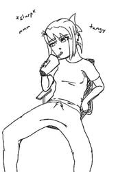 1girls clothed clothing cum_inducing_juice dialogue female female_only fully_clothed human monochrome sin_(sinthetic) sinthetic sitting sketch solo spread_legs text