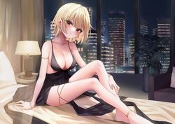 1girls barefoot bed black_dress blonde_hair blush bracelets breasts building chirang city cleavage dress earrings female_only light-skinned_female light_skin night no_bra original red_eyes short_hair wristwear