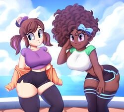 2girls a_hat_in_time aged_up big_breasts blue_eyes bow bow_adult bow_kid clothed clothing curly_hair cute dark-skinned_female dark_skin female female_only hat_adult hat_kid looking_at_viewer looking_away pale-skinned_female pale_skin purple_eyes saymanart short_sleeves small_hat stockings thick_thighs twintails