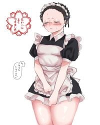 alternate_costume closed_eyes demon_slayer embarrassed femboy japanese_text kimetsu_no_yaiba maid_uniform male male_only solo sweat thick_thighs translation_request uncomfortable upset yahaba