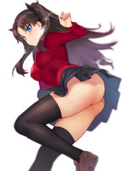 1girls blue_eyes blush breasts fate/stay_night fate_(series) female iku_(ikuchan_kaoru) no_panties simple_background skirt solo sweat sweater thighhighs tohsaka_rin upskirt