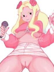 black_eyes blonde_hair breasts clothed exposure female female_focus female_only friday_night_funkin gun microphone no_panties pink_skin pussy rosie_(shiba_chichi) sopeasofa upskirt