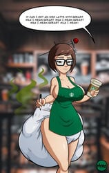 asian asian_female big_breasts breasts brown_hair cleavage diaper female glasses hyrosdiaperdivas mei_(overwatch) messy_diaper nipple_bulge overwatch scat soiling starbucks starbucks_barista starbuks_meme stink_lines used_diaper