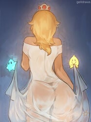 back_view blonde_hair female_focus gelldraws luma mario_(series) nightgown nintendo princess_rosalina see-through super_mario_galaxy thong