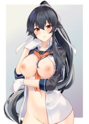 2d_(artwork) black_hair black_sailor_collar blush border breasts buttons eyebrows_visible_through_hair female gloves groin hair_between_eyes hair_ribbon ichinomiya_(blantte) kantai_collection large_breasts long_hair long_sleeves navel neckerchief nipples no_bra no_panties open_clothes open_shirt orange_eyes orange_neckerchief ponytail remodel_(kantai_collection) ribbon sailor_collar solo upper_body very_long_hair white_border white_gloves yahagi_(kantai_collection)