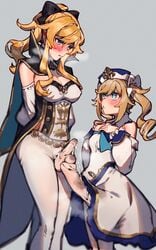 2futas bangs barbara_(genshin_impact) bare_shoulders big_penis blonde_hair blue_eyes blush breasts bulge cleavage clothed clothing cum cum_in_clothes detached_collar dress duo erection erection_under_clothes frottage frottage_through_clothing fully_clothed futa_is_smaller futa_only futanari genshin_impact hands_on_own_chest height_difference highres huge_cock human jean_gunnhildr light-skinned_futanari light_skin long_hair looking_at_another medium_breasts mirin_chikuwa multiple_girls nun pale_skin pants penis_size_difference ponytail precum_through_clothing siblings sidelocks simple_background sisters small_but_hung standing twintails white_dress white_headwear white_pants