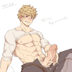 1boy abs bangs bara bare_pectorals belt black_pants blonde_hair blush boots clenched_teeth clothes_lift erection granblue_fantasy hachikou_nameko large_pectorals looking_at_penis male_focus male_masturbation male_only male_pubic_hair masturbation muscular muscular_male navel nipples open_belt open_fly open_pants pants pectorals penis pubic_hair shirt shirt_lift short_hair sitting solo teeth translated vane_(granblue_fantasy) white_background white_shirt