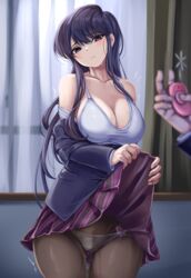 bare_shoulders black_hair blazer blush bra breasts cleavage curtains female female_ejaculation highres jacket komi-san_wa_komyushou_desu komi_shouko large_breasts lifted_by_self monikano off_shoulder panties pantyhose purple_eyes pussy_juice pussy_juice_drip pussy_juice_drip_through_clothes remote_control_vibrator school_uniform sex_toy skirt skirt_lift solo_focus underwear vibrator vibrator_under_clothes vibrator_under_panties white_bra white_panties white_underwear window