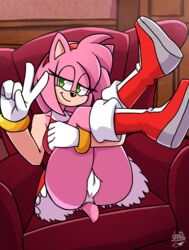 amy_rose anthro boots cameltoe clothing deathzera eulipotyphlan female footwear gesture hedgehog hi_res legs_up looking_at_viewer mammal panties presenting_panties pussy_bulge sega sitting smile solo sonic_(series) underwear upskirt v_sign