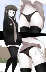 1girls ass ass_grab black_eyes black_panties blossom_hope brown_hair clothed fully_clothed hoodie looking_at_viewer medium_hair panties sayoko_yamazaki sayoko_yoshimoto shirt_lift smile stockings watermark white_skin wink woomler