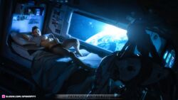 1girls 3d abs bed bedroom clothed clothing female indoors irene_(spiderpity) large_breasts masturbation muscular muscular_female on_bed original pinup robot sci-fi science_fiction slushe_(website) space spaceship spiderpity star_tattoo tattoo underboob window