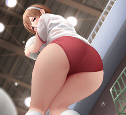 ass_focus big_ass bloomers blush bra_visible_through_clothes brown_eyes brown_hair buruma female female_only gym_uniform hairband huge_ass kantai_collection knees_together_feet_apart looking_at_viewer looking_down low-angle_view natori_(kantai_collection) ne_an_ito see-through_clothing solo thick_thighs white_shirt wide_hips