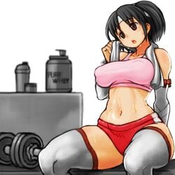 after_workout bare_shoulders big_breasts black_hair bloomers brown_eyes buruma detached_sleeves dumbbell female female_only headband kantai_collection nagara_(kantai_collection) nipple_bulge side_ponytail solo sports_bra sueyuu sweat thick_thighs thighhighs toned toned_female towel_around_neck white_legwear white_thighhighs wide_hips