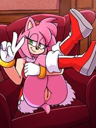 absurd_res amy_rose anthro anus boots bottomless clothed clothing deathzera eulipotyphlan female female_only footwear fur furry furry_only genitals gesture handwear hedgehog hi_res legs_up looking_at_viewer mammal partially_clothed pussy sega sitting smile solo solo_female sonic_(series) tail topwear upskirt v_sign