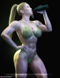 1girls 3d abs bikini blonde_hair clothed clothing drinking drinking_water female female_only green_bikini irene_(spiderpity) large_breasts muscular muscular_female necklace original pinup ponytail see-through see-through_clothing shoulder_tattoo slushe_(website) solo solo_female spiderpity standing star_tattoo tattoo tattoos translucent_clothing vein veins veiny_muscles wet wet_bikini wet_clothes wet_clothing wet_skin